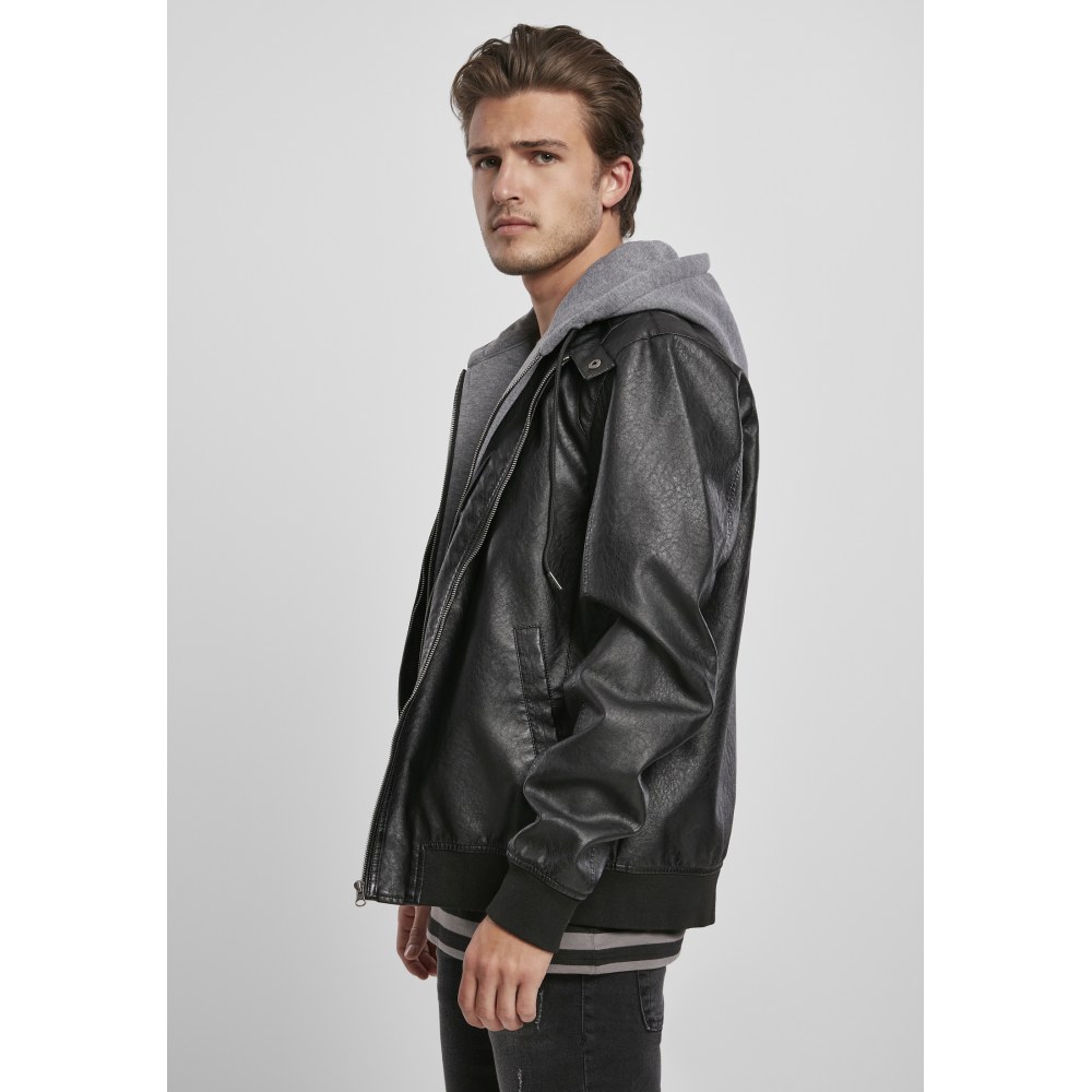 Urban Classics Urban Classics Lederjacke Fleece Hooded Fake Schwarz/Gra